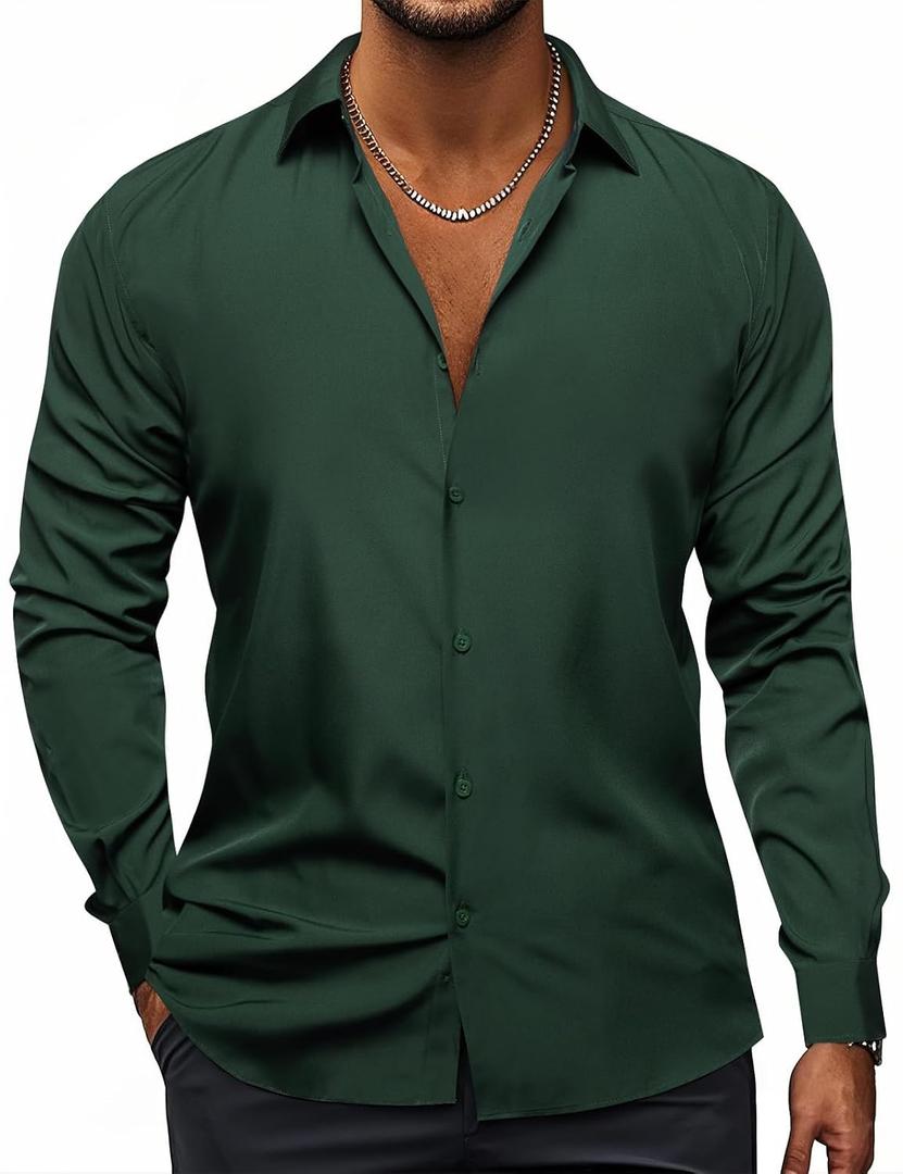Hi-Tie Men's 4 Way Stretch Dress Shirts Long Sleeve Button Down Wrinkle Free Casual Formal Dress Shirt for Men (Green, XL)