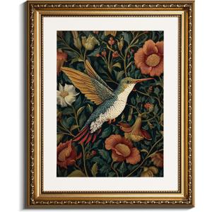 InSimSea Gold Picture Framed Wall Art, Living Room Vintage Moody Hummingbird Wall Decor, William Morris Botanical Canvas Print Art, Home Farmhouse Decor, Antique Paintings with Frame 13x16inch