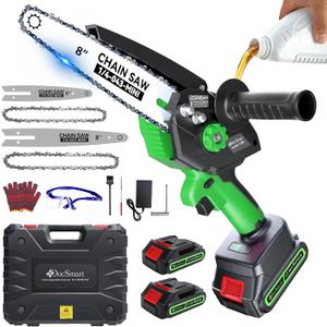 Mini Chainsaw Electric Cordless: 8 Inch & 6 Inch Brushless Chain Saw with 2 Pack Rechargeable Batteries, Battery Powered Hand Held Saw for Trees Trimming Wood Cutting, Perfect Gardening Tools for Men (Green)