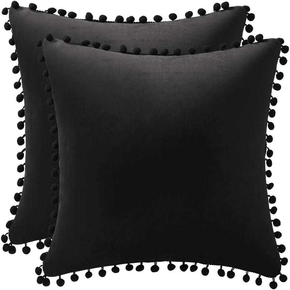 Decorative Pillow Covers 22x22 Black: 2 Pack Cozy Soft Pom-poms Velvet Square Throw Pillow Cases for Farmhouse Home Decor