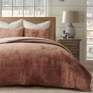 EverGrace Velvet Quilt Set King Size, Luxurious Soft Quilted Bedding Sets, Lightweight Velvet Comforter for All Season, Striped Channel Bedspread Coverlet with 2 Shams, Terracotta Clay