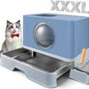 XXXL Stainless Steel Litter Box with Lid, Front Entry Top Exit, Extra Large Metal Cat Litter Box with Drawer, Maine Coon Cats, with Litter Scoop & Litter Mat, Anti-Odor, Anti-Leakage & Non-Stick (Blue)