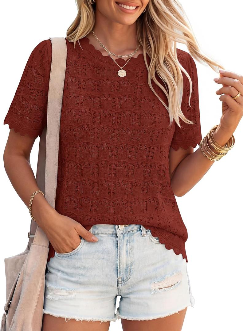 ZESICA Women's Summer Hollow Out Crochet Cover Ups 2026 Short Sleeve Crewneck Sweater Shirts Beach Vacation Outfits (M)