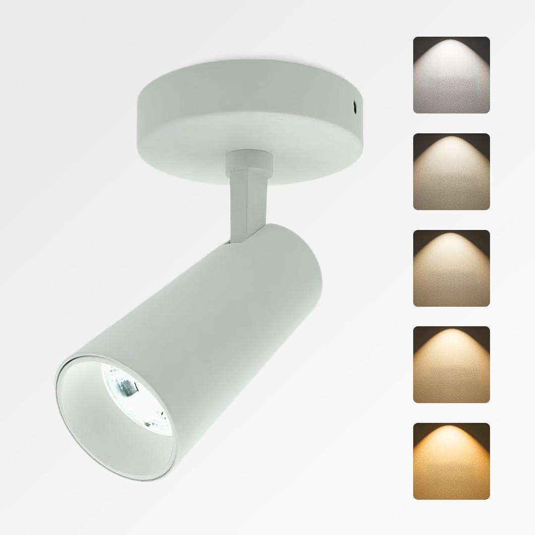 LED Ceiling Spotlight 5CCT 2700K/3000K/3500K/4000K/6000K Selectable Dimmable,Spot Light Indoor Adjustable Flush Mount Lights Fixture 12W CRI 90+, White, 1 Pack Tilt Angle Accent Lighting