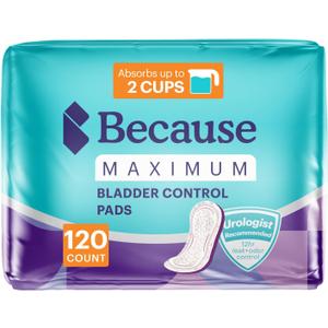 Because Incontinence Pads for Women - Maximum Absorbency, Postpartum Liners, Up to 100% Leak-Free Protection, Discreet Protection for Bladder Leaks, 120 Count (6 Packs of 20) New Version