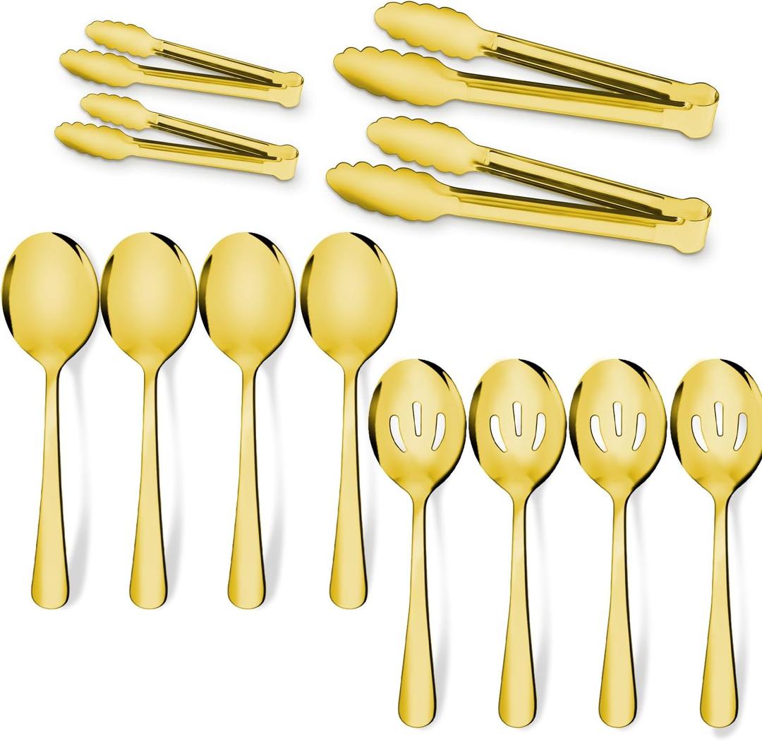 12PCS Gold Stainless Steel Serving Utensils Sets - Large Serving Spoons,Slotted Spoons,Serving Tongs,Appetizer Tongs,Utensills Sets for Buffet Catering Banquet Party (Gold)