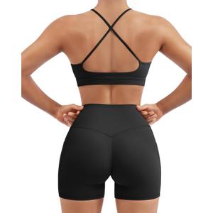 SUUKSESS Womens Workout Set Crew Neck Strappy Sports Bra Tank High Waist Tummy Control Bike Short Outfit (Black, S)