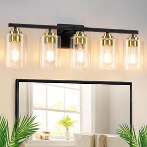 5-Light Bathroom Light Fixtures, 31" Modern Vanity Lights Over Mirror with Clear Glass Shades, Black & Gold Light Fixture, Classic Wall Light Fixture for Mirror Living Room Cabinet Bedroom Porch