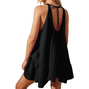 Women Casual Summer Dresses Sleeveless Crew Neck Backless Tunic Mini Dress Loose Flowy Tank Sundress with Pockets (Black, L)