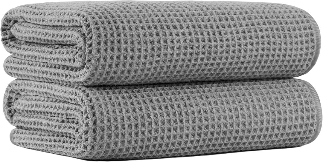 MICROFI New Microfiber Waffle Bath Towels, 2 Pieces, Oversized, Soft, Absorbent, Fast Drying, Lint Free (Gray)