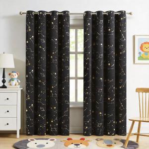 Stellar Metallic Full Blackout Window Curtain Panels 63 Inches Long Grommet Design for Kid Energy Efficient Thermal Insulated Window Treatment Set for Boys Bedroom/Nursery, 52"x63"x2,Black