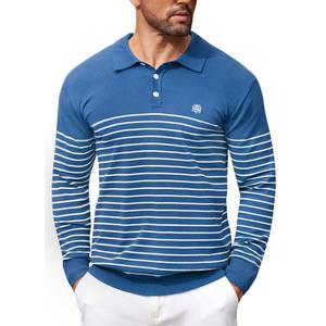 Herberton Mens Outdoor Pullover Fitted Sweater Striped Long Sleeve Knit Collar Warm Polo Shirts Blue XL