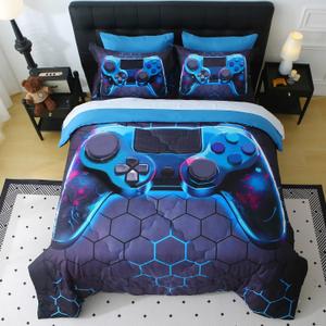 Wajade Game Console Comforter Set for Boys 7 Piece Blue 3D Gaming Geometric Bedding Sets for Kids Full Size as Birthday with Comforter, Sheet Set, Pillowcase and Sham, Blue Game