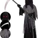 Grim Reaper Costume for Kids,Phantom Halloween Costume with Red Glowing Eyes,Skull Gloves Scythe included