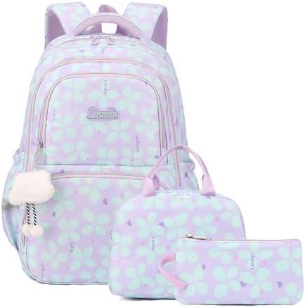 3Pcs Girls Backpack for School Kids Bookbag with Lunch Bag Pencil Case | 28L Kids Backpack for Teen Girls with Lunch Box, Padded Laptop Compartment Fit Up to 15.6", with Luggage Strap, Purple