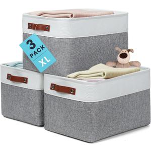 OrganiHaus Extra Large Fabric Storage Baskets for Shelves 3 Pack, 16x13in Closet Storage Bins for Shelves, Canvas Baskets for Organizing, Linen Closet Organizers, Cloth Basket, Gray/Off-White