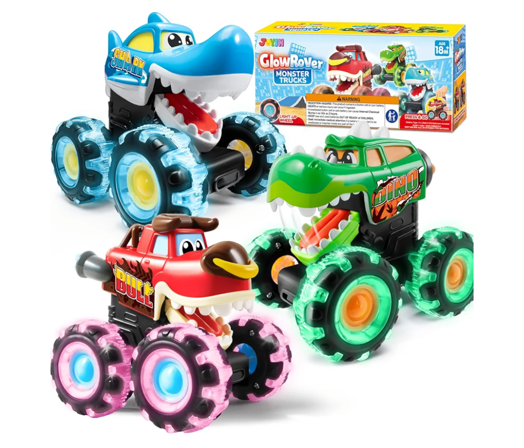 JOYIN 3 Pack Monster Truck Toy - Motion Activated Light Up Cars for Toddlers - Monster Glow Rover LED Wheels - Baby Boy Toys - Press and Go Dinosaur Trucks for Kids Valentines Day Boy Birthday Gifts