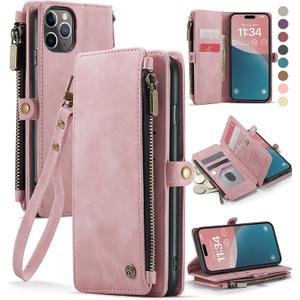 Defencase Compatible with iPhone 11 Pro Case Wallet with RFID Blocking Card Holder for Women Men, PU Leather Magnetic Snap Flip Zipper Strap Wallet Phone Case Fit for iPhone 11 Pro 5.8", Rose Pink