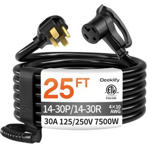 25 FT 4 Prong Dryer Extension Cord Outdoor Black, 30 AMP 10/4 Gauge Heavy Duty, NEMA 14-30P to 14-30R, Waterproof STW Jacket ETL Listed for Dryers & EV Charging