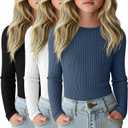 3 Pack Girls Long Sleeve Shirts Ribbed Knit Cotton Layering Tops Slim Fit Crewneck Casual Undershirts, 11-12 Years