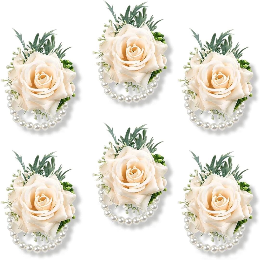 6pcs Champagne Wrist Corsages for Wedding Prom Homecoming and Party | Artificial Silk Rose Corsages with Pearls Wristlet, for Brides and Bridesmaids, the Mother of the Bride