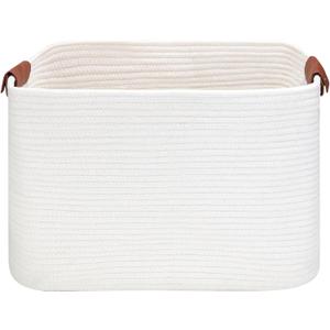 Large Cotton Rope Storage Basket with Leather Handles, Laundry Hamper Basket, 20 "L x 14" W x 12 "H, Durable & Stylish Organizer for Home.(Large White)