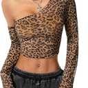 Floerns Women's Y2K Leopard Print One Shoulder Tops Asymmetrical Mesh Crop Tops (Medium, Coffee Brown)