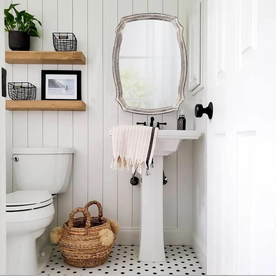 Rustic Scalloped Mirror for Small Bathroom 23 X 13 Inch, Hanging Distressed White Farmhouse Rectangle Bedroom Mirrors for Wall Decor, Handmade Wood Entryway Mirror, Horizontal or Vertical
