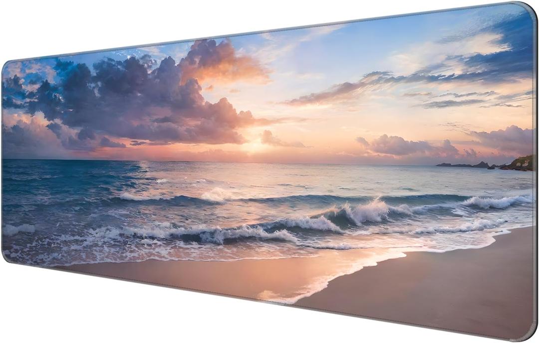 Dynippy Thin Extended Gaming Mouse Pad with Stitched Edges Large Mousepad Long XXL Keyboard and Mouse pad Desk Mat for Gaming Office & Home - Galaxy Space (Beach)
