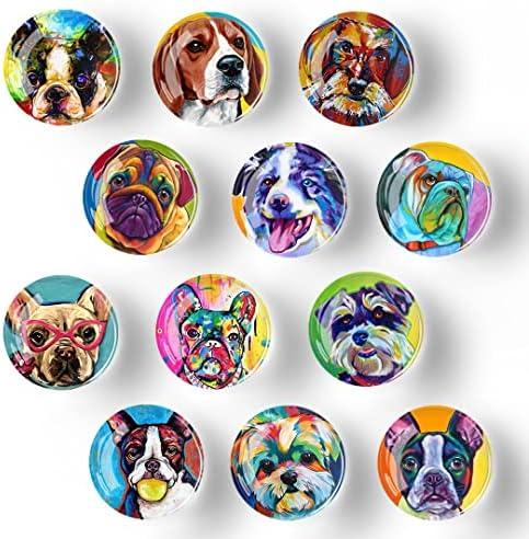 12pcs Fridge Magnet Glass Strong Magnetic Refrigerator Magnet,Oil Painting Dog Fridge Magnets Decoration for Crafts,Fridge Magnets for Kitchen, School,Office Whiteboard, Cabinet and Dishwasher