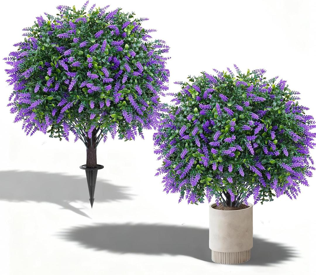 2 Pack 25" Artificial Lavender Topiary Ball Tree for Outdoors Faux Evergreen Shrubs Plants with Ground Spike UV Resistant Fake Bushes Ball Trees for Outdoor Indoor Home Porch Patio Decoration