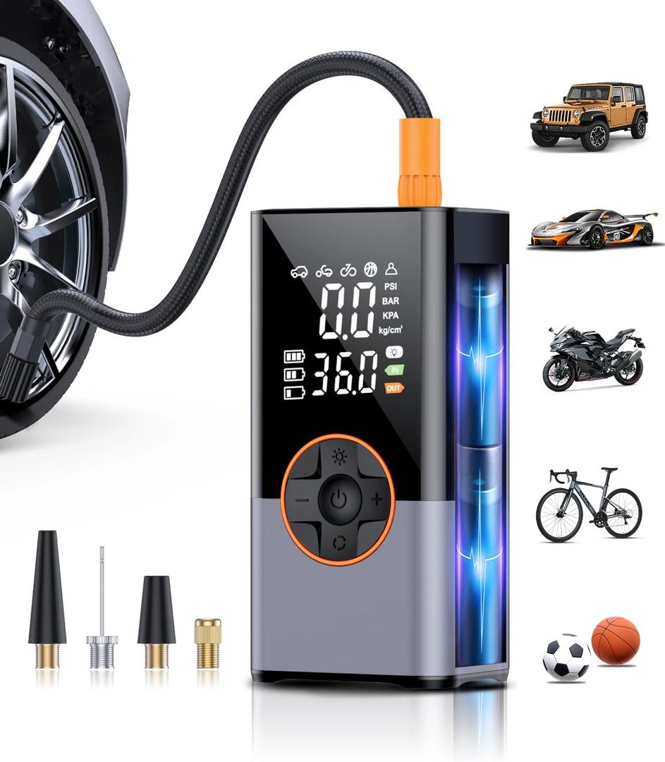 KUXISA Tire Inflator Portable Air Compressor, 150 PSI Air Pump with Digital Pressure Gauge, LED Light and Auto Shut-Off Function, Cordless Air Compressor for Car, Motorcycle, Bicycle, Ball (Dark Grey)
