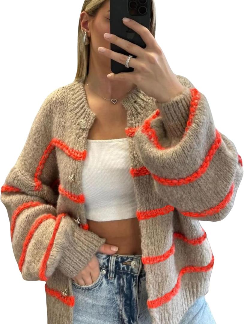 QIBABU Womens Striped Cardigan Sweaters Casual Open Front Long Sleeve Button Down Knit Outwear (Small, Brown)