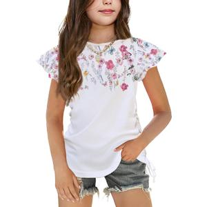 Arshiner Girls T Shirts Ruffle Sleeve Ruched Knot Side Soft Summer Tee Tops