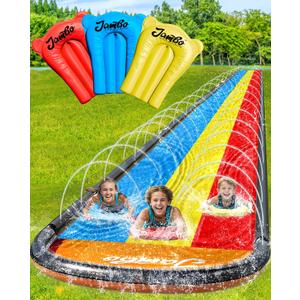 JAMBO 18ft Triple Lane Slip Splash and Slide with 3 Bodyboards with Built in Surround Sprinkler for Backyard Outdoor Water Fun for Kids