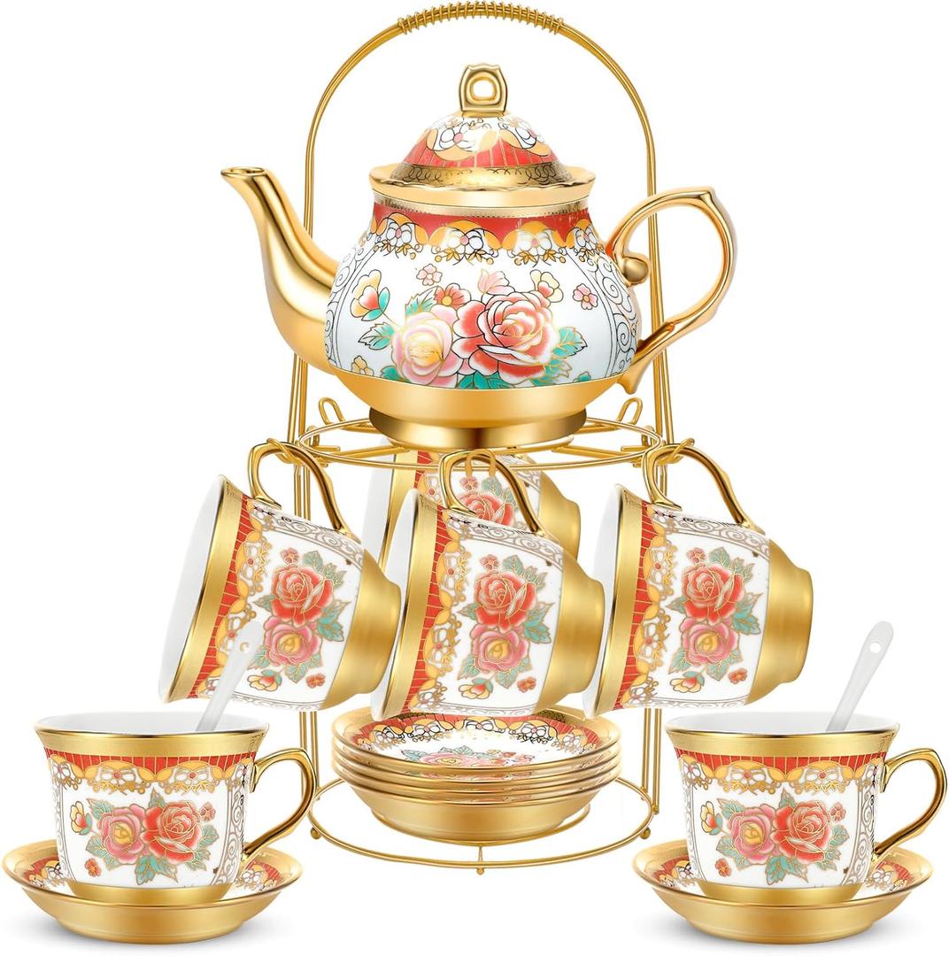 20 Pieces Vintage Flower Porcelain Tea Set for Adults with Metal Holder European Ceramic Tea Party Set Cup Gold Plated Saucer for Women, Serving 6 People(Classic)
