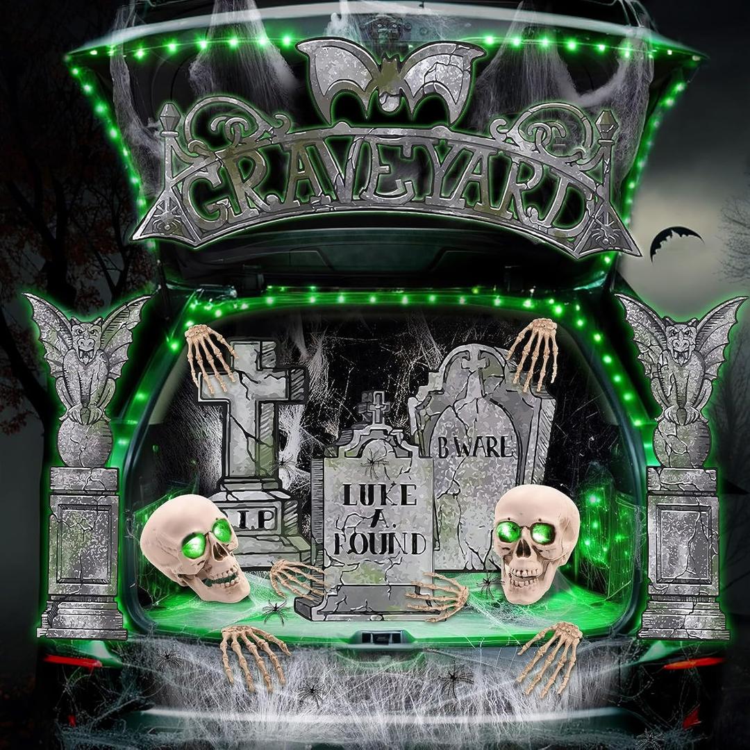 Halloween Trunk or Treat Car Decoration Kit, Tombstone Trunk or Treat Decorations for SUV with LED Lights, Halloween Archway Garage Decorations Outdoor for Car Garage Door Entryway