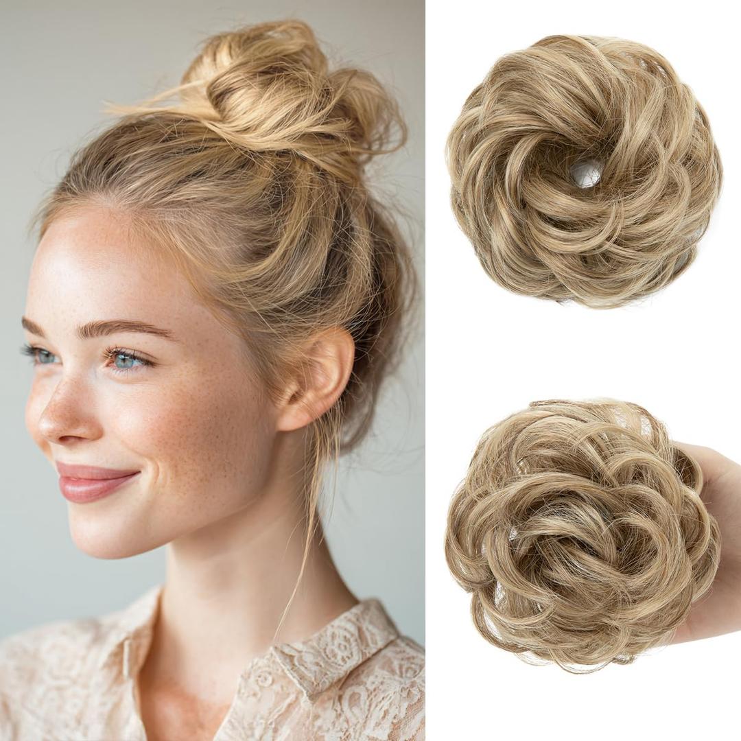 CJL HAIR Small Messy Bun Hair Pieces for Women Thin Hair Synthetic Curly Mini Scrunchies Hairpiece Updo with Elastic Band 2PCs Sand