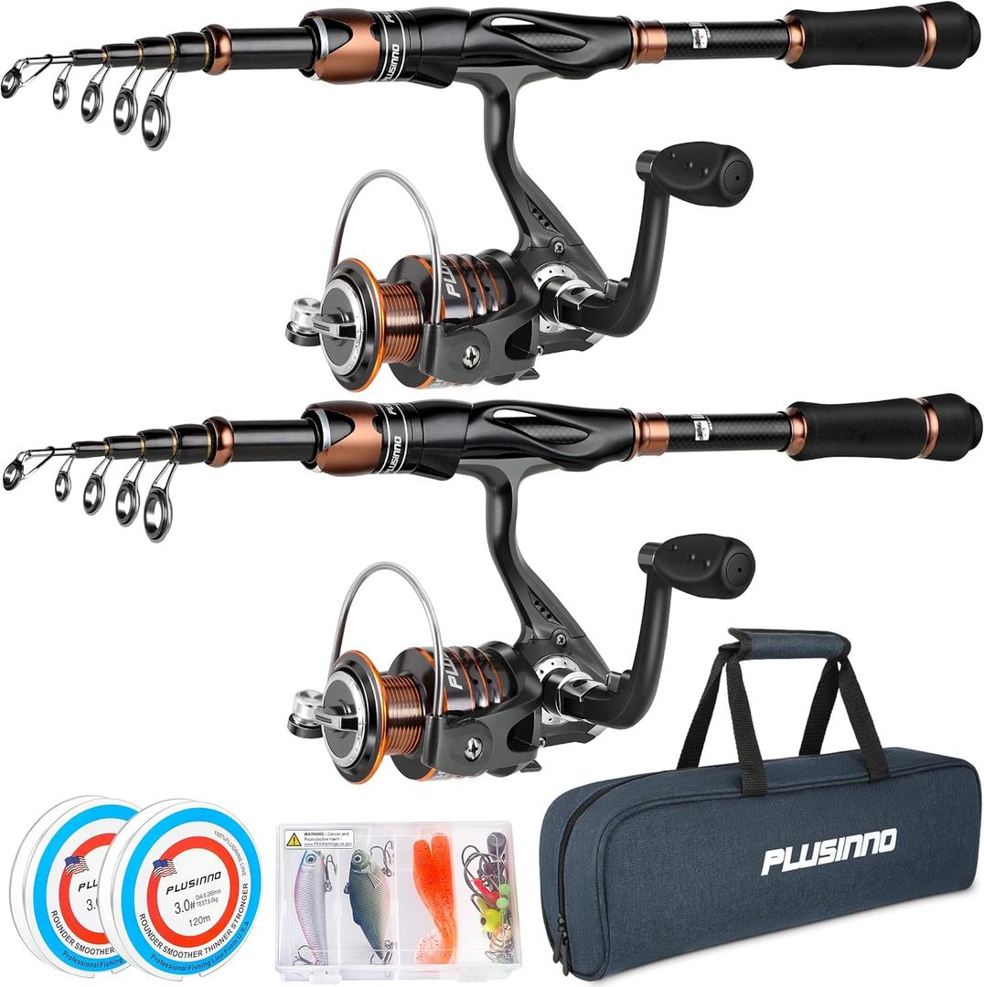 PLUSINNO Fishing Rod and Reel Combos, Bronze Warrior Toray IM6 Carbon Matrix Telescopic Fishing Rod Pole, 12 +1 Shielded Bearings Stainless Steel BB Spinning Reel, Travel Freshwater Fishing Gear (2PACK Full Kit with Carrier Case)