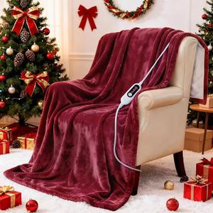 Heated Blanket Electric Throw, 50" x 60" Heating Blanket with 5 Levels & 10 Hours Auto Off, Extremely Soft Flannel Warm Blanket Gifts Over-Heat Protection, ETL Certified Machine Washable Rose Red & White