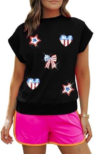 Women American Flag Cap Sleeve Shirt Sequin USA Star T-Shirt Sparkly 4th of July T-Shirt Patriotic Tee Tops, Black, L