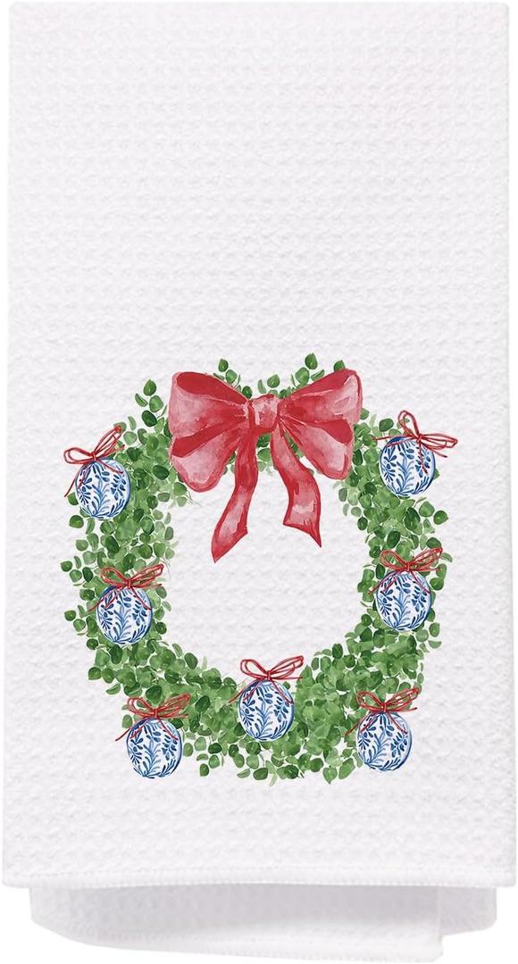 SPBL&L Chinoiserie Christmas Red Bow Wreath Decorative Hand Towels for Bathroom, Kitchen Dish Towels, 16x24 Inch, Set of 2