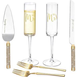 ROXBURGH Wedding Cake Knife and Server Set, Champagne Flutes, Gold Bride and Groom Toasting Glasses, Mr and Mrs Forks, Cake Cutting Set for Engagement