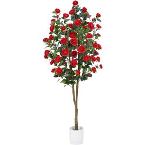 Artificial Camellia Tree 6FT – Nearly Natural Faux Plants Indoor, with Easy Assembly, Low Maintenance, Ideal for Both Indoor Decoration and Other Purposes，Perfect Porch Christmas Trees (Red 6ft)