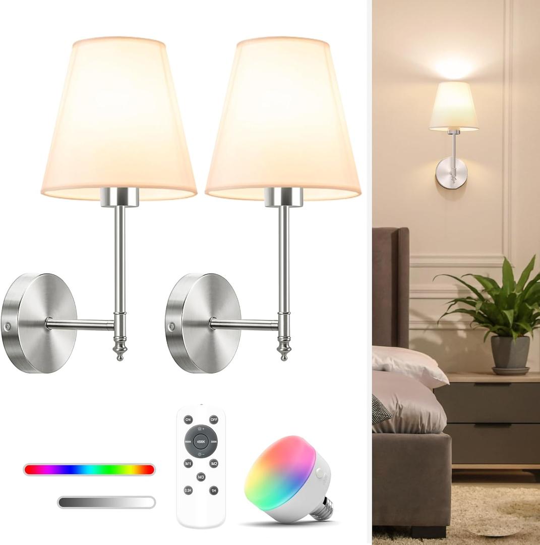 NIORSUN 14.5 inch Battery Operated Wall Sconce Set of 2,Brushed Nickel Rechargeable Wall Lights with 5200mAh Dimmable Bulbs and Remote,9 Colors Wireless Sconces for Bedroom Living Room Decor