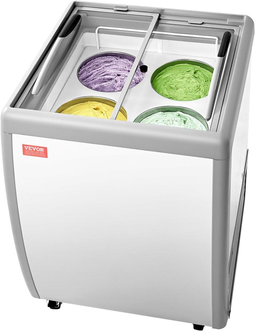 VEVOR Commercial Ice Cream Display Case, 5.6 Cu.ft Chest Freezer, Restaurant Gelato Dipping Cabinet Top Deep Freezer with Locking Casters, Sliding Glass Door, LED Lighting, Hold 4 Ice Cream Tubs