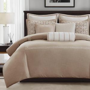 Madison Park Signature Oversized King Comforter Set, Luxury Hotel Style Bedding with Embroidered Details, All Season Down Alternative Comforter, Matching Shams & Decorative Pillows, Taupe, 9 Piece