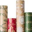 YANGTE Vintage Recyclable Christmas Wrapping Paper Rolls, Brown Kraft Wrapping Paper with Red and Green Pattern, Holiday Gift Wrapping Paper Christmas Rolls, 17x120 inch, 4 Rolls
