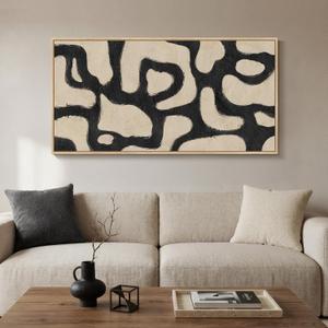 Framed Abstract Neutral Horizontal Wall Art for Living Room, Black Beige Mid Century Modern Artwork for Walls, Large Abstract Canvas Painting Print for Bedroom Hallway Home Office Wall Decor, 24x48 In