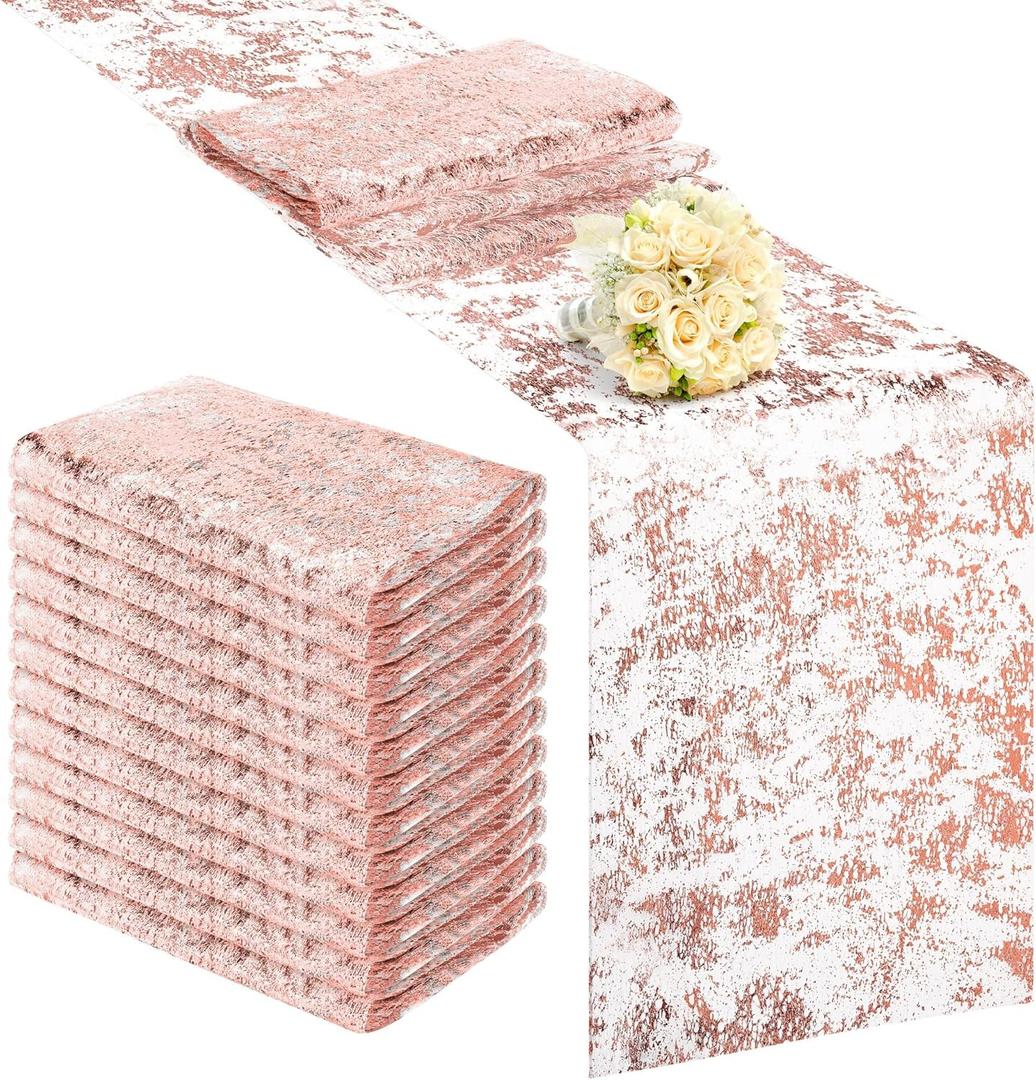 Aneco 12 Pieces Metallic Glitter Table Runner 84 x 11 Inches Rose Gold Glitter Mesh Table Runners Sparkle Rectangle Runner Roll Decorations for Wedding Baby Shower Birthday, DIY Home Decor